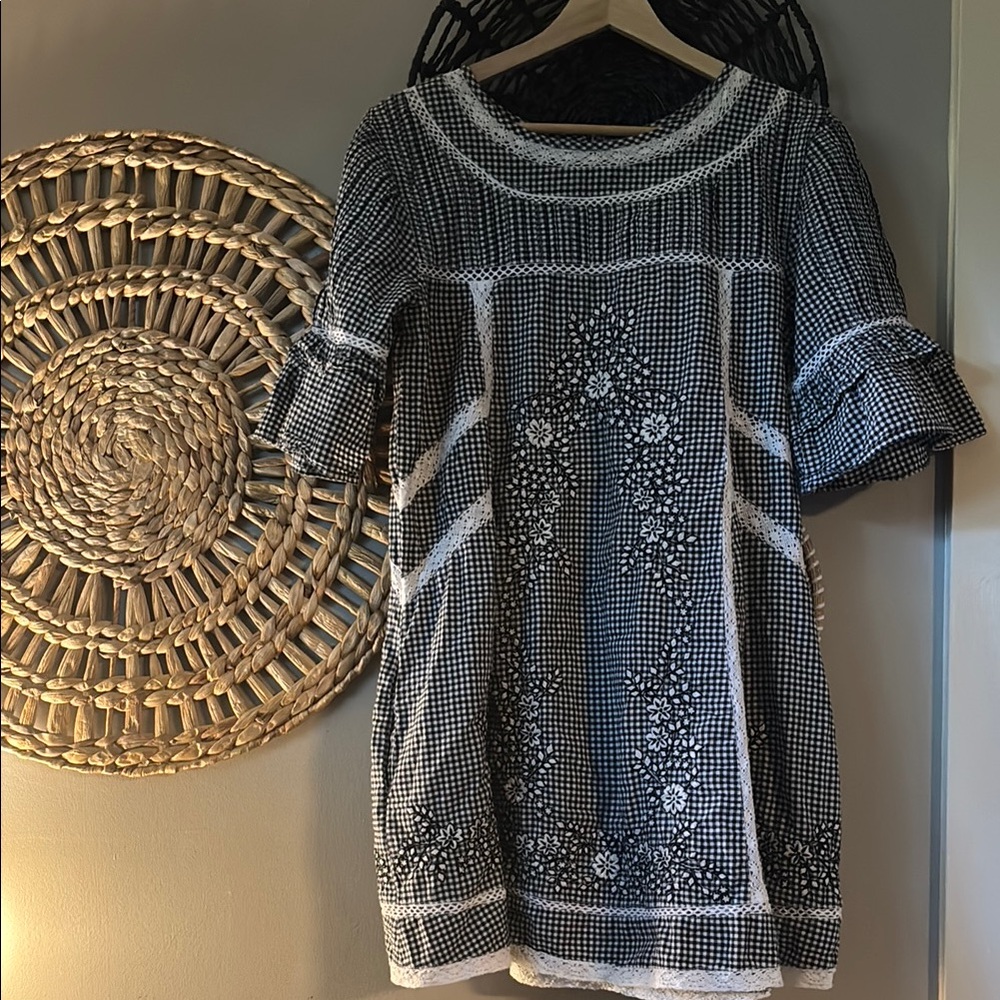 Free People Black and White Gingham Embroidered Long Sleeve Dress
